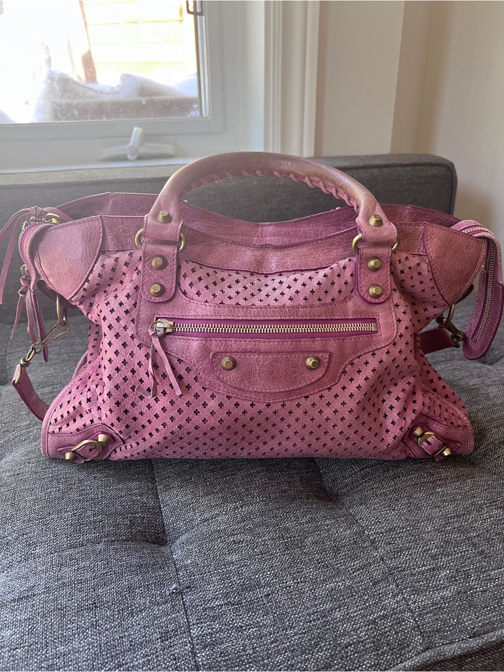 Authentic Balenciaga City Bag Pink Perforated Leather Satchel Handbag
